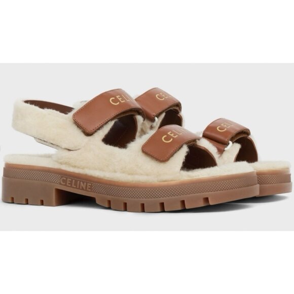 NEW Celine Leo Scratch Sandal Shearling Fur Tan Logo Strap Platform Flat 39 - Picture 1 of 11
